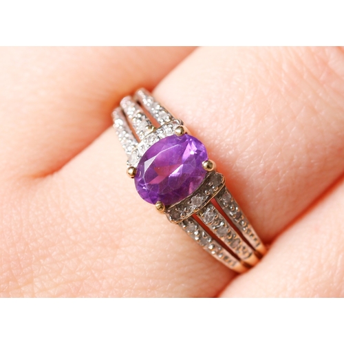 452 - Amethyst Set Ring with Diamonds Set to Shoulders and Band Mounted in 9 Carat Yellow Gold Ring Size R