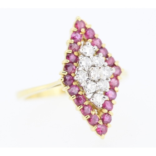 454 - Diamond and Ruby Set Marquise Form Ring Mounted in 18 Carat Yellow Gold Ring Size O and a Half