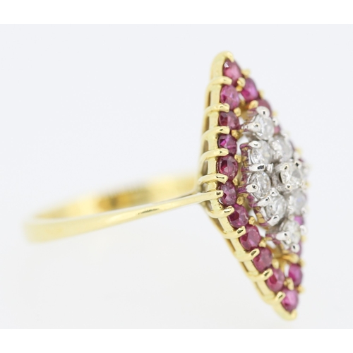 454 - Diamond and Ruby Set Marquise Form Ring Mounted in 18 Carat Yellow Gold Ring Size O and a Half