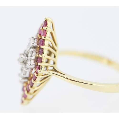 454 - Diamond and Ruby Set Marquise Form Ring Mounted in 18 Carat Yellow Gold Ring Size O and a Half