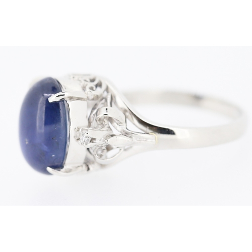 458 - Polished Star Sapphire Basket Set Ring Further Diamond Insets to Shoulders Mounted in Platinum Attra... 