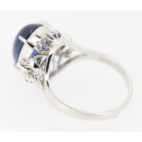 458 - Polished Star Sapphire Basket Set Ring Further Diamond Insets to Shoulders Mounted in Platinum Attra... 