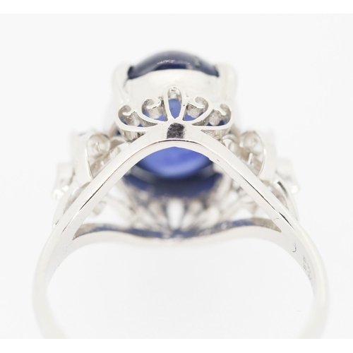 458 - Polished Star Sapphire Basket Set Ring Further Diamond Insets to Shoulders Mounted in Platinum Attra... 