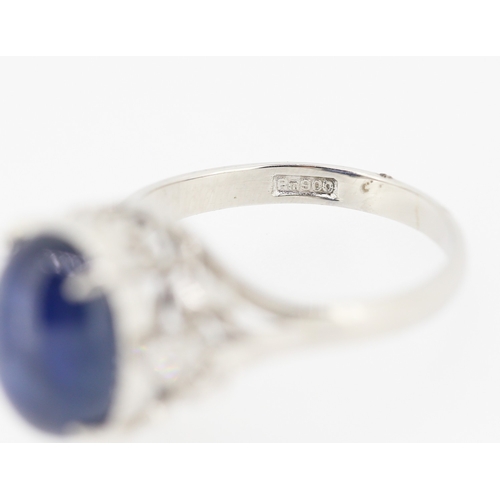 458 - Polished Star Sapphire Basket Set Ring Further Diamond Insets to Shoulders Mounted in Platinum Attra... 