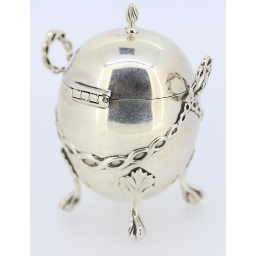 463 - Egg Form Silver Mustard Pot Attractively Detailed Shaped Supports