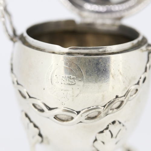 463 - Egg Form Silver Mustard Pot Attractively Detailed Shaped Supports