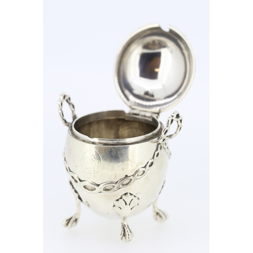 463 - Egg Form Silver Mustard Pot Attractively Detailed Shaped Supports