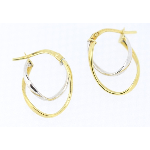 472 - Pair of 9 Carat Yellow and White Gold Loop Form Earrings Each 1.5cm  High