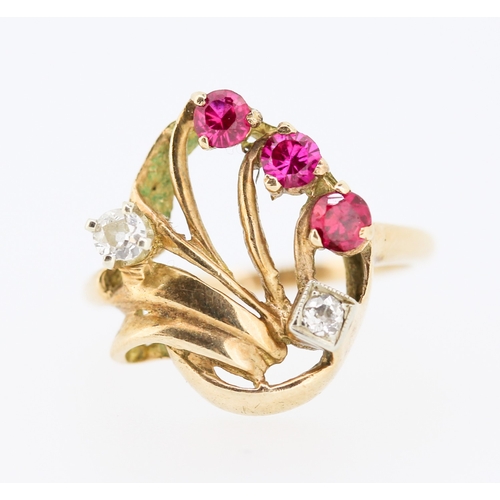 475 - Ruby and Diamond Five Stone Set Floral Spray Motif 14 Carat Rose Gold Ring Size L