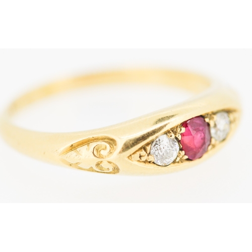 477 - Ruby and Diamond Three Stone Ring Mounted on 18 Carat Yellow Gold Band Ring Size P