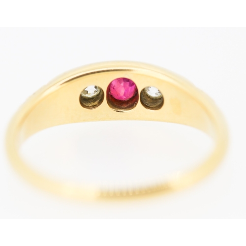 477 - Ruby and Diamond Three Stone Ring Mounted on 18 Carat Yellow Gold Band Ring Size P