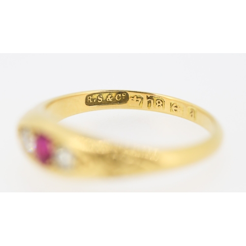 477 - Ruby and Diamond Three Stone Ring Mounted on 18 Carat Yellow Gold Band Ring Size P