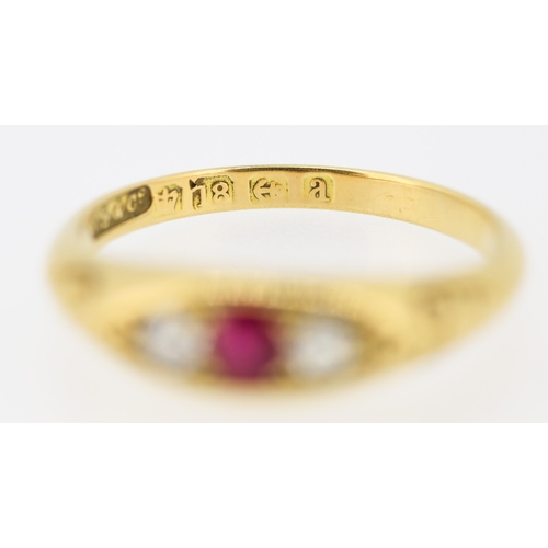 477 - Ruby and Diamond Three Stone Ring Mounted on 18 Carat Yellow Gold Band Ring Size P