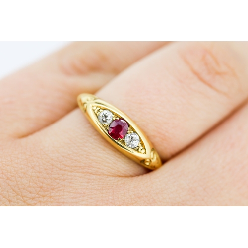 477 - Ruby and Diamond Three Stone Ring Mounted on 18 Carat Yellow Gold Band Ring Size P