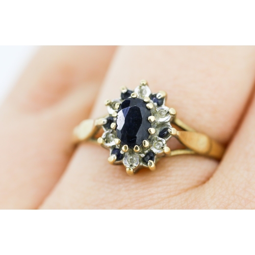 488 - Sapphire and Diamond Set Ladies Cluster Ring Mounted in 9 Carat Yellow Gold Ring Size Q