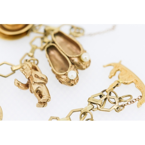 490 - 9 Carat Yellow Gold Charm Bracelet with Ballet Slippers Rings Fob and Other Charms 17cm Long Note Cl... 