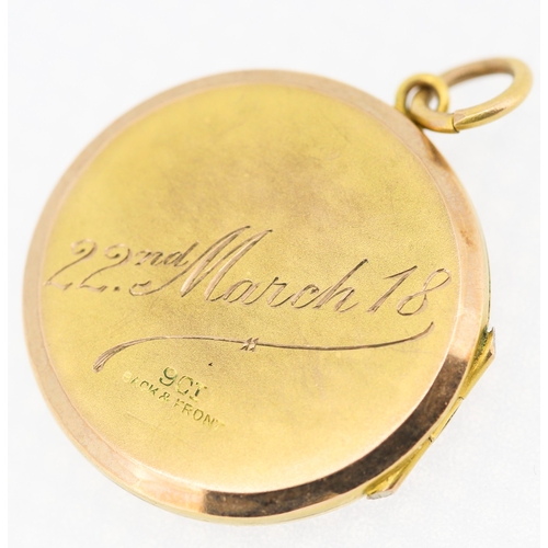 493 - 9 Carat Yellow Gold Back & Front Locket Inscribed 22nd March 18 2.5cm High