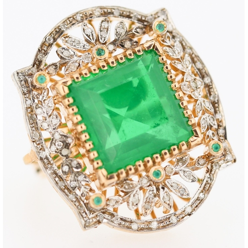 499 - Emerald and Diamond Set Statement Ring Attractively Detailed Set in 9 Carat Rose Gold and Silver Rin... 