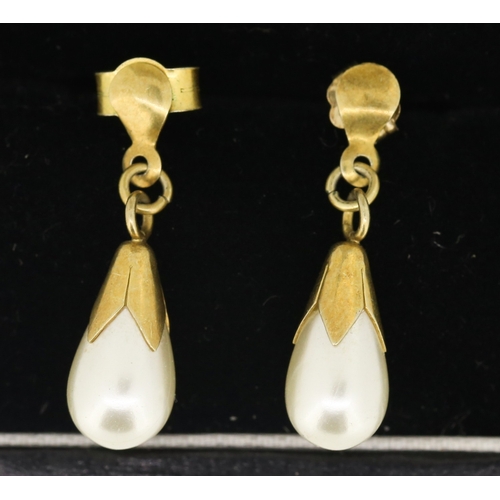 50 - Pair of Pearl Set Drop Earrings Set on 9 Carat Yellow Gold 2cm Drop