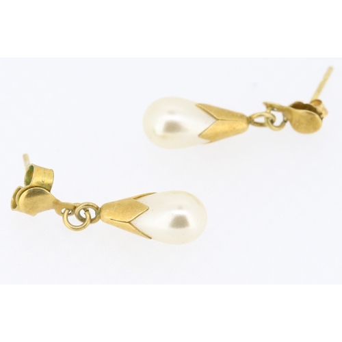 50 - Pair of Pearl Set Drop Earrings Set on 9 Carat Yellow Gold 2cm Drop