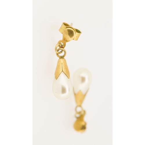 50 - Pair of Pearl Set Drop Earrings Set on 9 Carat Yellow Gold 2cm Drop