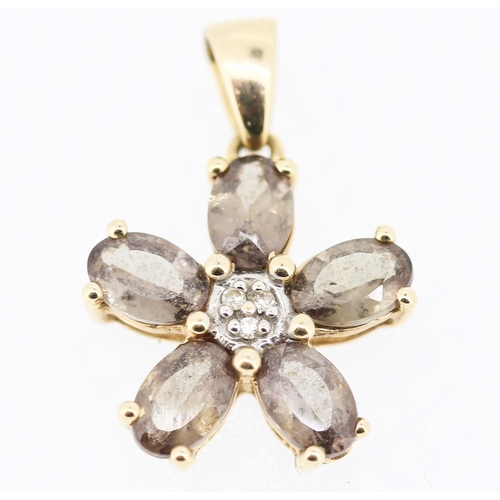 500 - Smoky Quartz and Diamond Set Daisy Form Pendant Mounted in 9 Carat Yellow Gold 1.5cm High