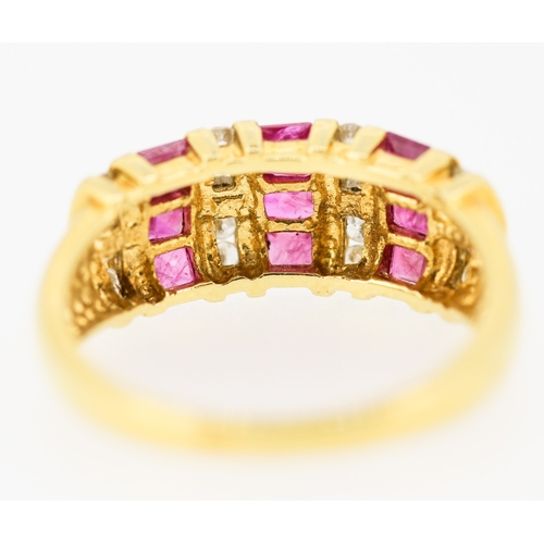 501 - Ruby and Diamond  Bar Set Ladies Ring Mounted on 18 Carat Yellow Gold Band Ring Size O