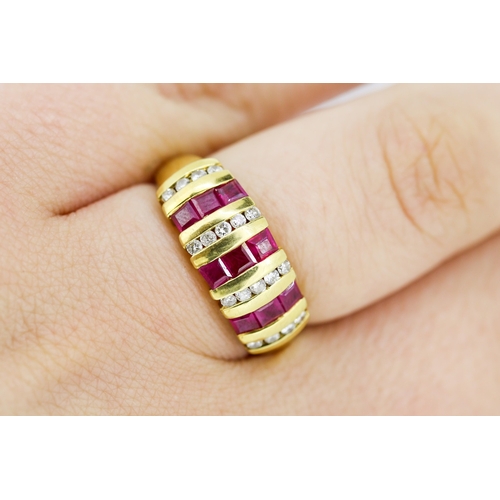 501 - Ruby and Diamond  Bar Set Ladies Ring Mounted on 18 Carat Yellow Gold Band Ring Size O