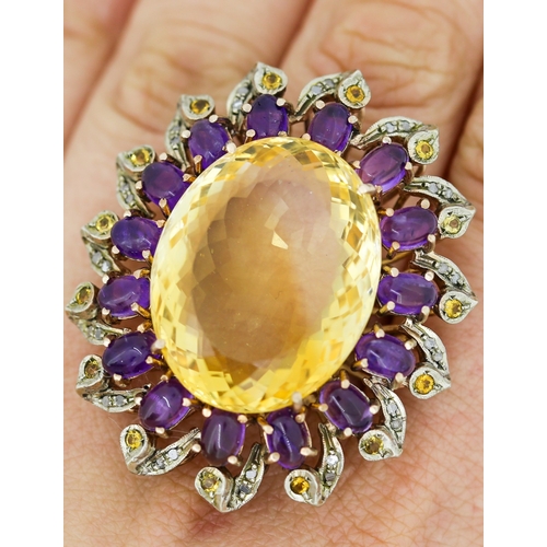 502 - Citrine Oval Cut Statement Ring Mounted on 9 Carat Rose Gold Band Further Set with Entourage of Amet... 