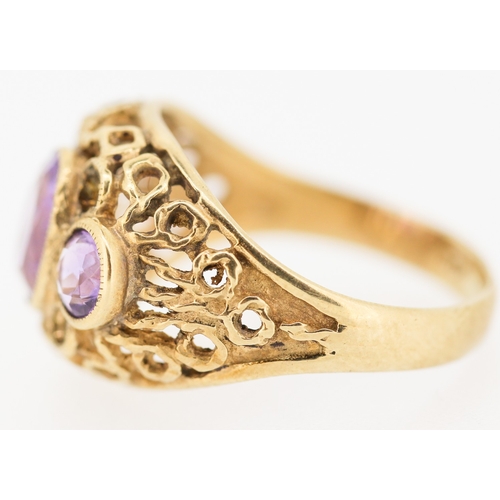 503 - Three Stone Bezel Set Amethyst Ring Mounted on 9 Carat Yellow Gold Openwork Scroll Setting Ring Size... 