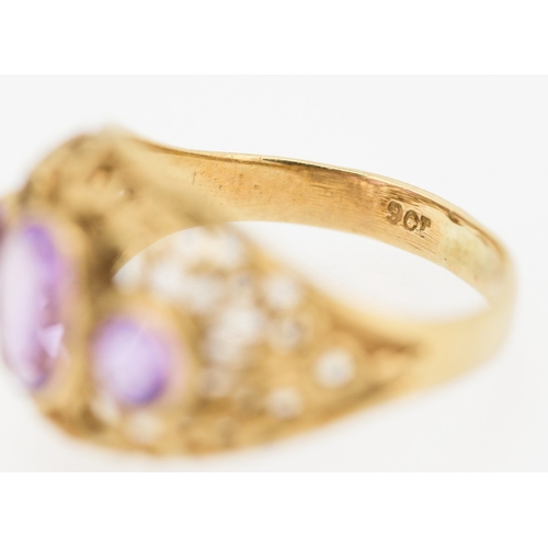 503 - Three Stone Bezel Set Amethyst Ring Mounted on 9 Carat Yellow Gold Openwork Scroll Setting Ring Size... 