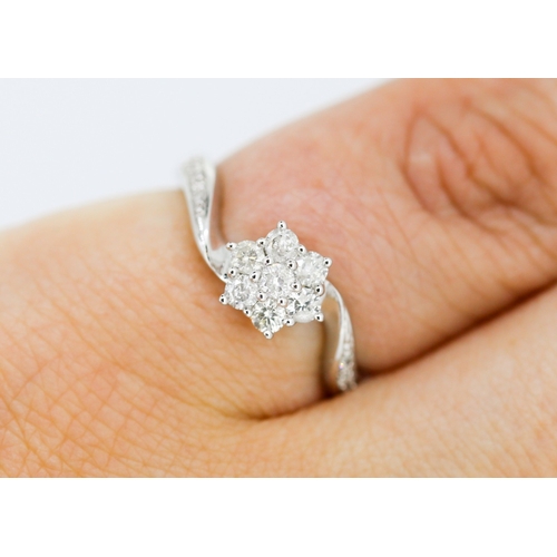 506 - Diamond Set Ladies Daisy Motif Ring Set in 9 Carat White Gold Further Diamonds Set to Band Size J an... 