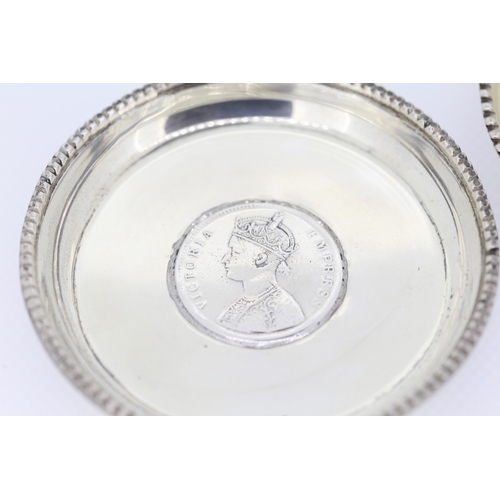 515 - Two Silver Table Dishes One Rupee India Coin Motifs Dated 1876 and 1906 8cm Diameter