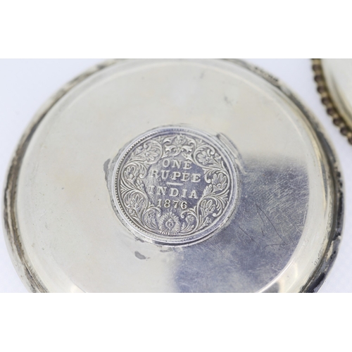 515 - Two Silver Table Dishes One Rupee India Coin Motifs Dated 1876 and 1906 8cm Diameter