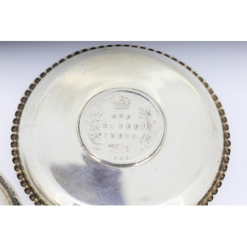 515 - Two Silver Table Dishes One Rupee India Coin Motifs Dated 1876 and 1906 8cm Diameter