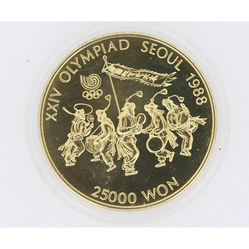 520 - Gold XXIV Olympiad Seoul 1988 25000 Won Coin Encapsulated with Original Presentation Box and Certifi... 