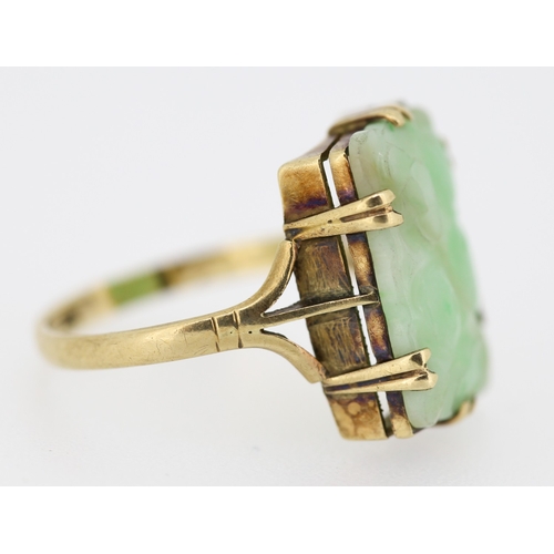 529 - Carved Jade Single Stone Ring Mounted in 14 Carat Yellow Gold Ring Size N