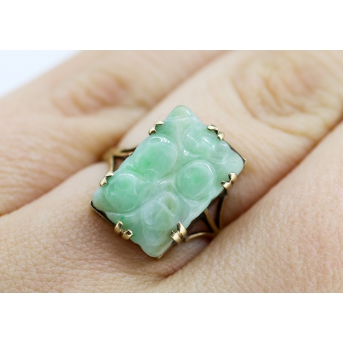 529 - Carved Jade Single Stone Ring Mounted in 14 Carat Yellow Gold Ring Size N