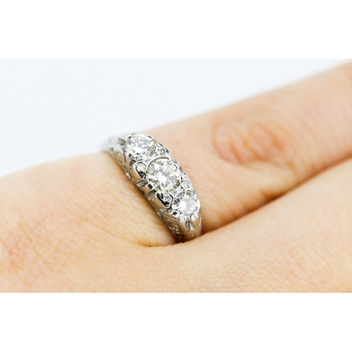 532 - Diamond Three Stone Ring Mounted in 18 Carat White Gold Incised Detail Ring Size K