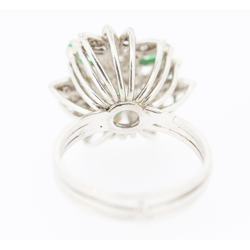 534 - Emerald and Diamond Floral Design Cluster Ring Mounted on 18 Carat White Gold Attractively Detailed ... 