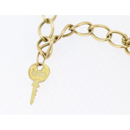 537 - 9 Carat Yellow Gold Bracelet with Lucky Horse Shoe and Key Charms 18cm Long