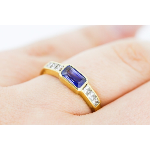 538 - Bezel Set Sapphire Ring with Diamonds Set to Shoulders Mounted in 18 Carat Yellow Gold Ring Size P