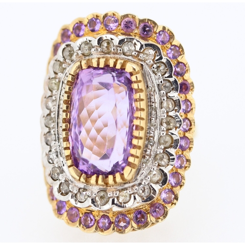 549 - Amethyst Set Statement Ring Mounted on 9 Carat Rose Gold with Diamond and Amethyst Twin Row Halo Sur... 