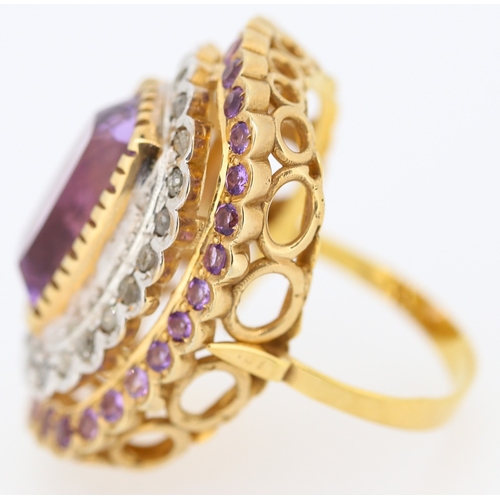 549 - Amethyst Set Statement Ring Mounted on 9 Carat Rose Gold with Diamond and Amethyst Twin Row Halo Sur... 