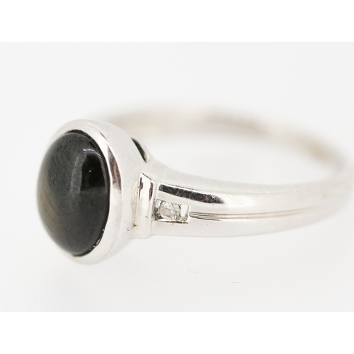 552 - Bezel Set Polished Agate Set Ring Mounted on 9 Carat White Gold Further Diamond Inset to Shoulders R... 