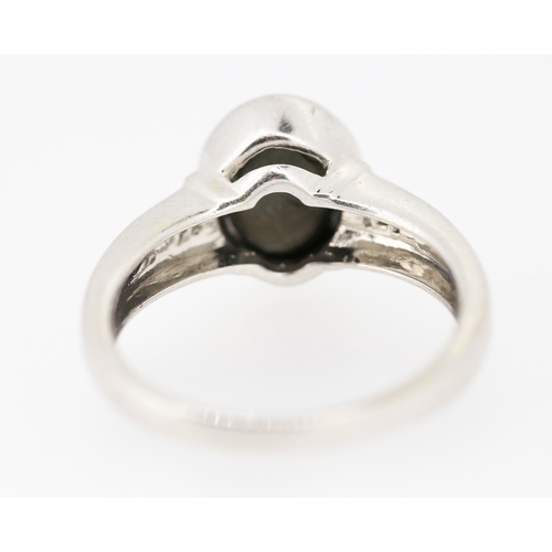 552 - Bezel Set Polished Agate Set Ring Mounted on 9 Carat White Gold Further Diamond Inset to Shoulders R... 