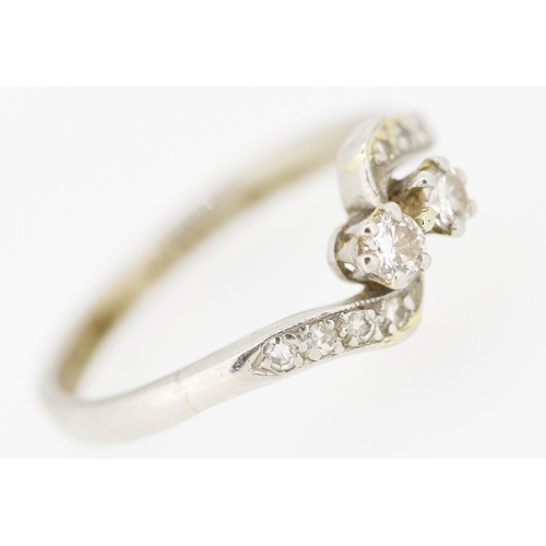 561 - Diamond Twin stone Ring Mounted in Platinum with Further Diamonds Set to Shoulders Ring Size Q and a... 