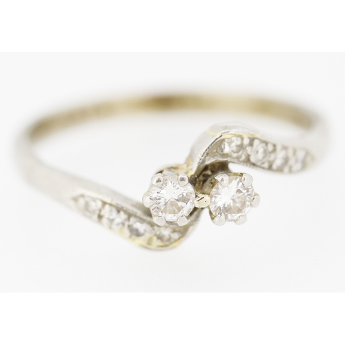 561 - Diamond Twin stone Ring Mounted in Platinum with Further Diamonds Set to Shoulders Ring Size Q and a... 