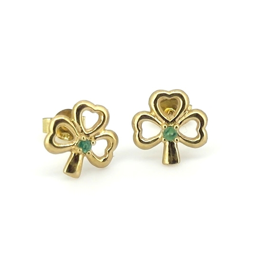 576 - Pair of St Patricks Day Lucky Shamrock Emerald Inset Earrings Mounted in 9 Carat Yellow Gold 1cm Hig... 