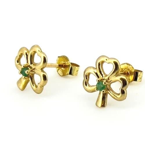 576 - Pair of St Patricks Day Lucky Shamrock Emerald Inset Earrings Mounted in 9 Carat Yellow Gold 1cm Hig... 